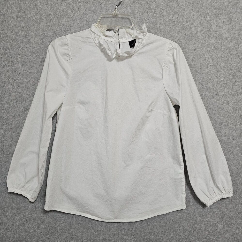 J Crew Ruffle Collared Shirt Size XS White Organic Cotton Long Sleeve Womens Top